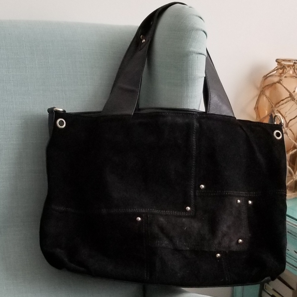 Real suede and vegan leather black tote